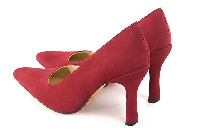 Scarlet red women's dress pumps,with a square neckline. Tapered toe. Very high spool heels. Rear view - Florence KOOIJMAN